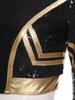 Womens Halloween Cosplay Outfit Long Sleeve Rivet Shoulder Boards Front Zip Sequined Crop Jacket Metallic Shiny Mini Skirt