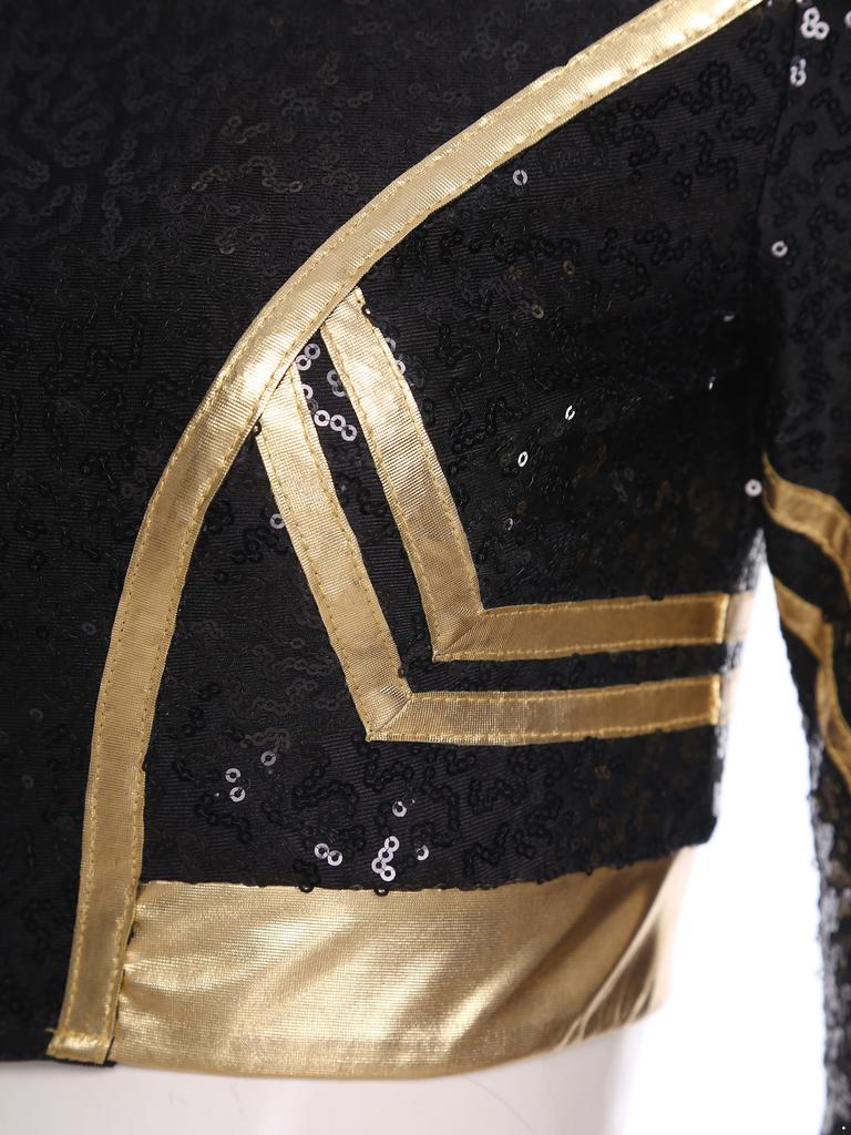 Womens Halloween Cosplay Outfit Long Sleeve Rivet Shoulder Boards Front Zip Sequined Crop Jacket Metallic Shiny Mini Skirt