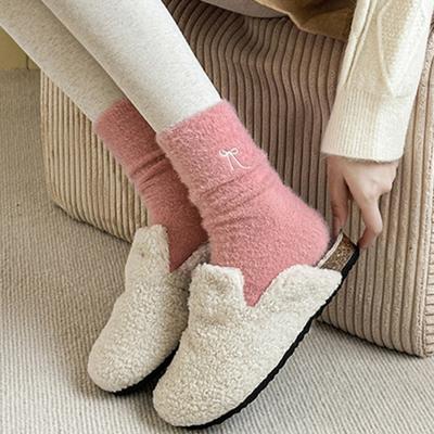 Women Fuzzy Socks Cute Embroidered Bow Knot Thick Socks Fluffy Warm Cozy Socks for Girls Winter Home Indoor Lounging Sleeping