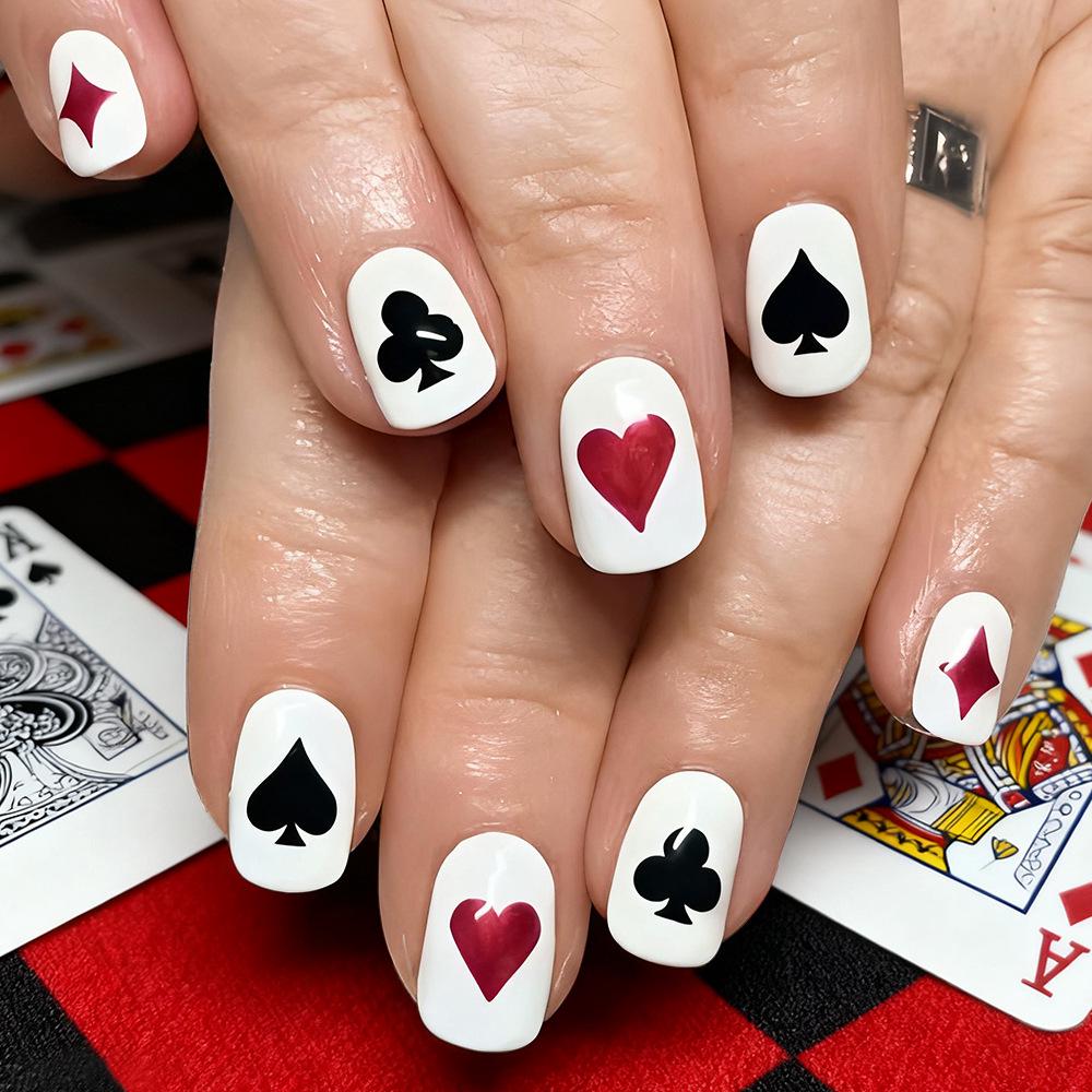 European Style Poker-Themed Press-On Nail Tips - 24 Pieces: Red Heart, Black Spade, Club, Diamond Design
