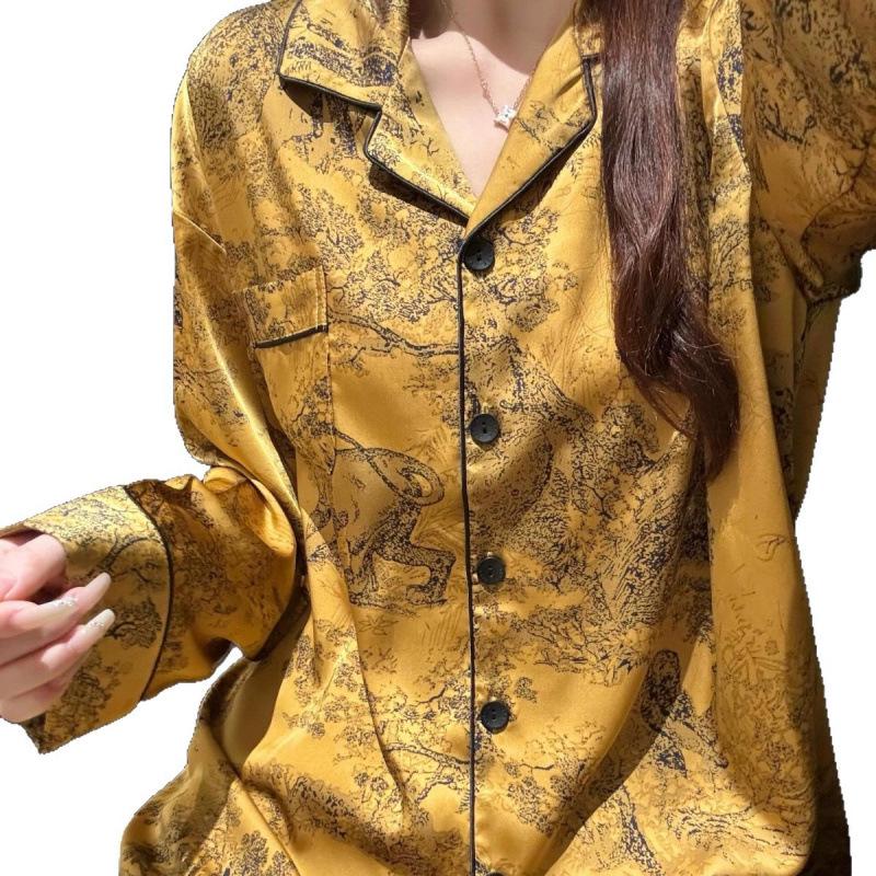 Pijama de Luxo Feminino Estampa de Animal da Selva Seda Gelo - Conjunto de Manga Comprida para Primavera/Outono