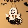 Easy Clean Festive Door Hanger Cute White Ghost Wooden Sign with Black Cat BOO Boho Halloween Room Decoration Banner, Waterproof Front Plaque