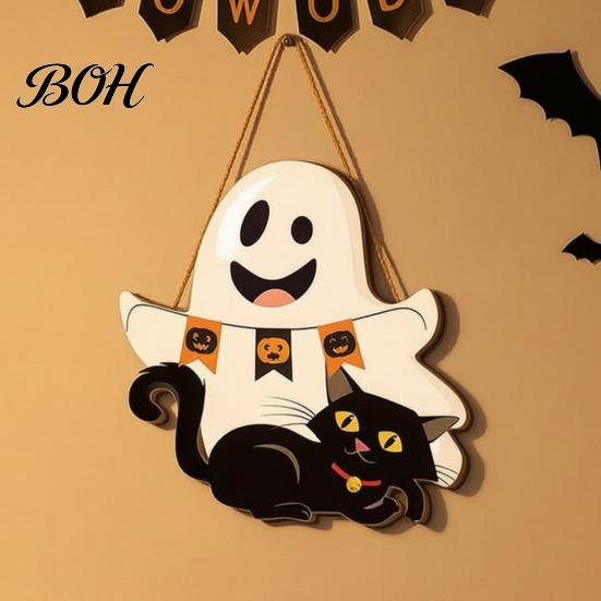 Easy Clean Festive Door Hanger Cute White Ghost Wooden Sign with Black Cat BOO Boho Halloween Room Decoration Banner, Waterproof Front Plaque