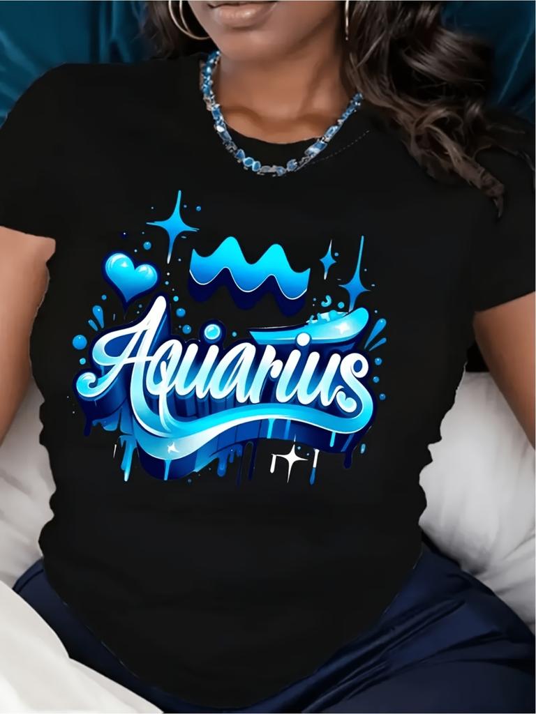 Unisex Aquarius Zodiac Print T-Shirt, Featuring a Shiny Blue Heart and Star Design with the Aquarius