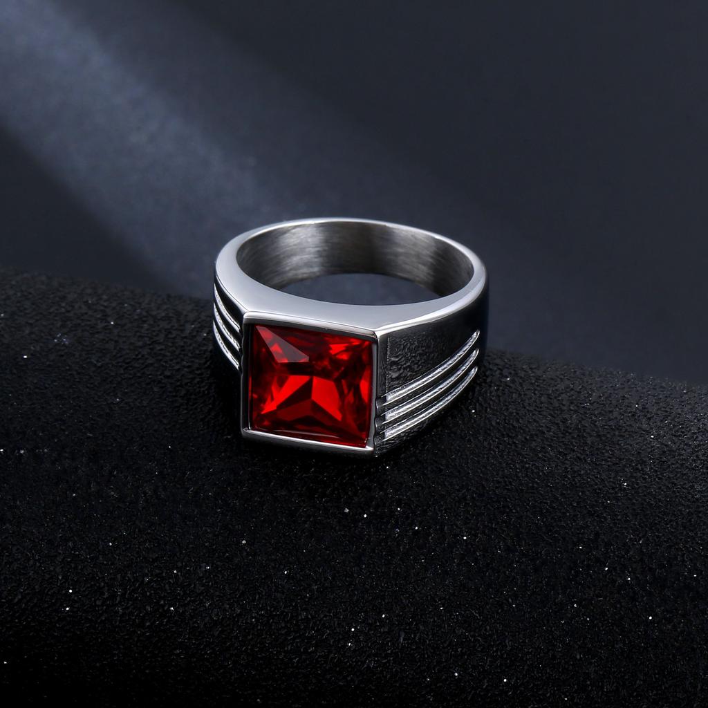Modischer Trendring mit rotem Edelstein, Titanstahl, Stilvoller Statement-Schmuck