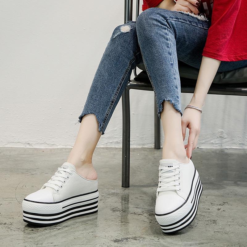 New Women's Height-Enhancing Canvas Slippers: Round Toe, Lace-Up, Thick-Soled Casual Shoes for Spring & Summer