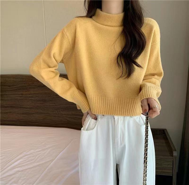 Semi-turtleneck pullover soft waxy inner loose knitted sweater women's autumn and winter solid color long-sleeved versatile short top