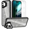 Case + 2 Tempered Glasses for iPhone 16, Shockproof Glitter Case with Rigid Lens Protection - Translucent Black