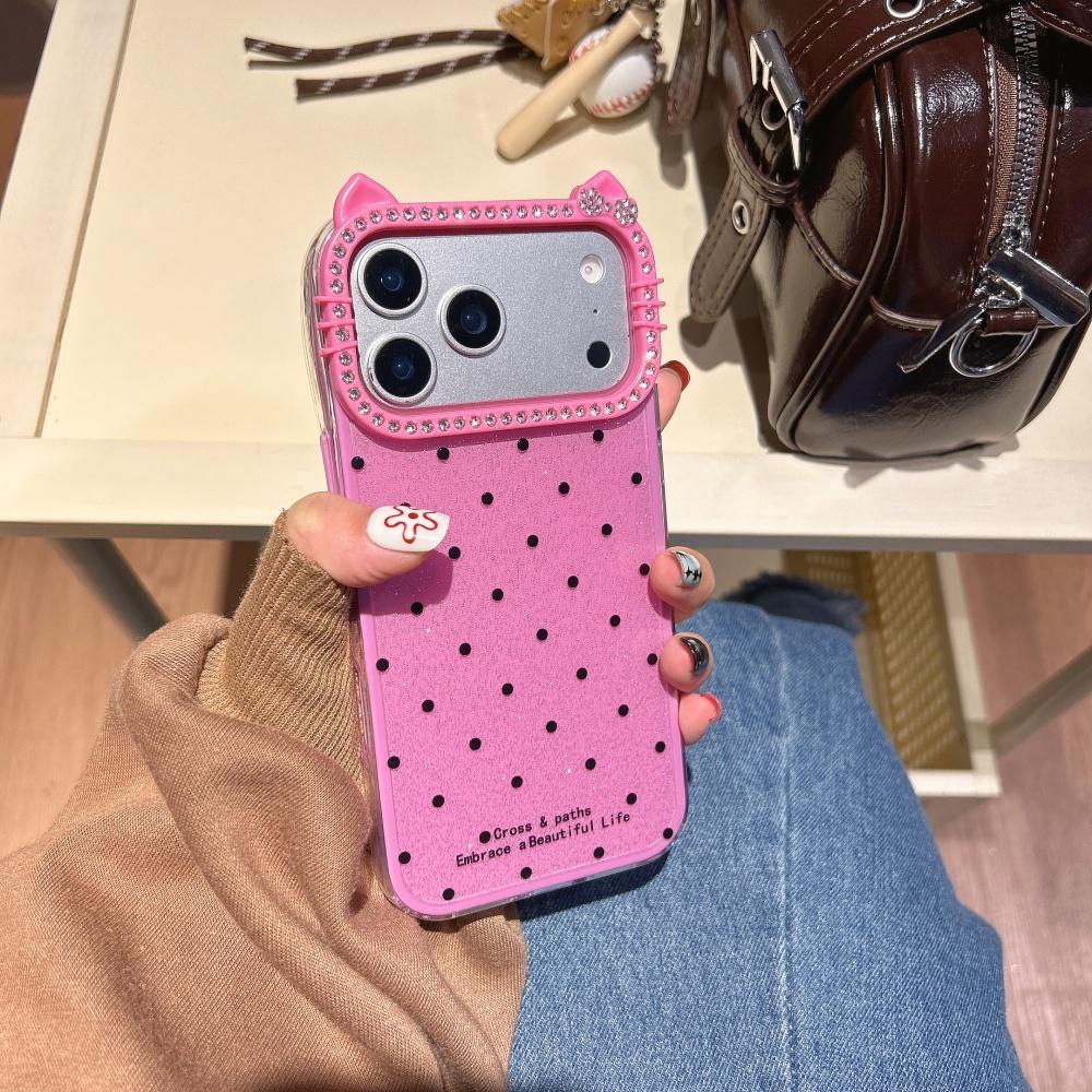 

Glitter Cartoon Cat Ear Polka Dots Case for iPhone 17 16 15 14 Pro Max Plus 12 13 11 Air Bling Diamond Soft Shockproof Ins Cover iPhone 15