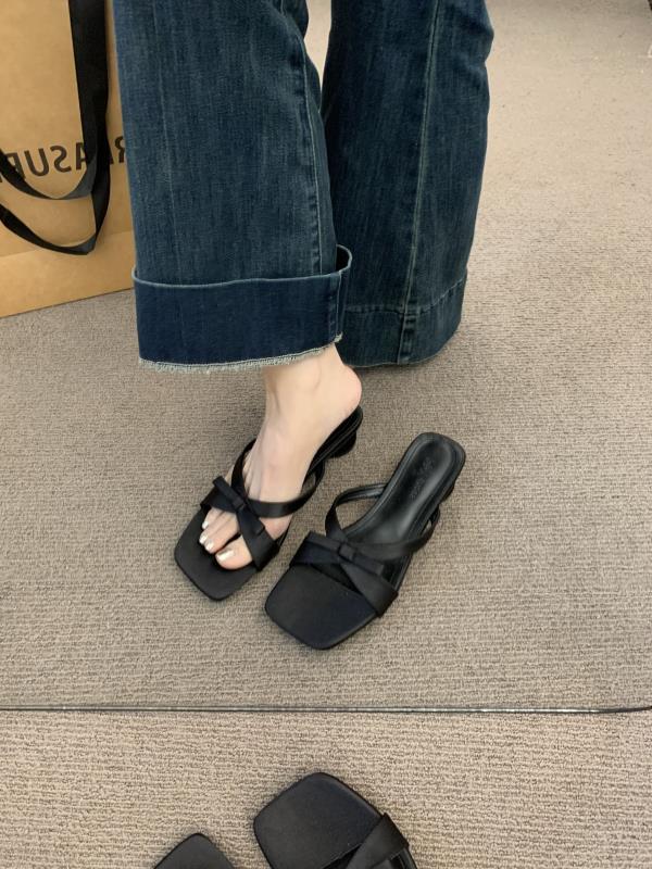 Fashion Slippers Casual Female Shoes Beige Heeled Sandals Slides Butterfly-Knot Square heel Luxury 2025 Black Block Butterfly-knot