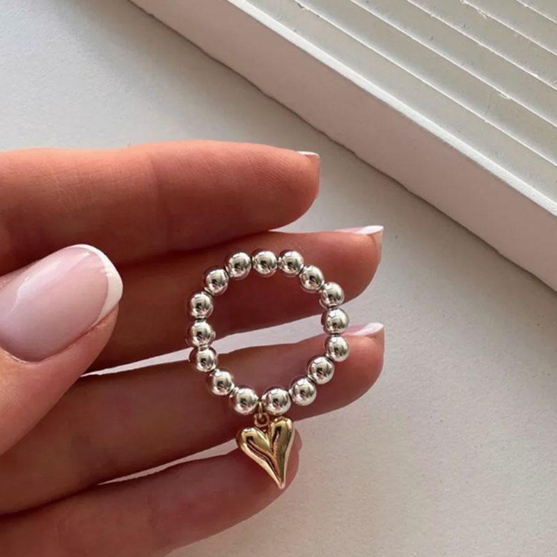Punk Goldfarbe Herzanhänger Ringe Kreative Elastische Schnur Runde Perlenringe für Damen Herren Mode Statement Schmuck Zubehör