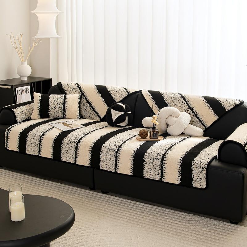 

New Striped Sofa Cushion Winter Thickened Plush Seat Cushion High-End Non-Slip Leather Sofa Cover Cover Cloth 70*70cm