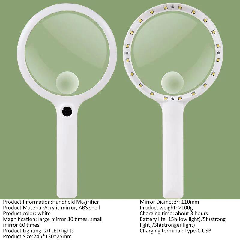 40/30/20X Rechargeable Handheld Illuminated Magnifier Portable Magnifying Glass with 3 Lighting Modes Magnifier for Reading