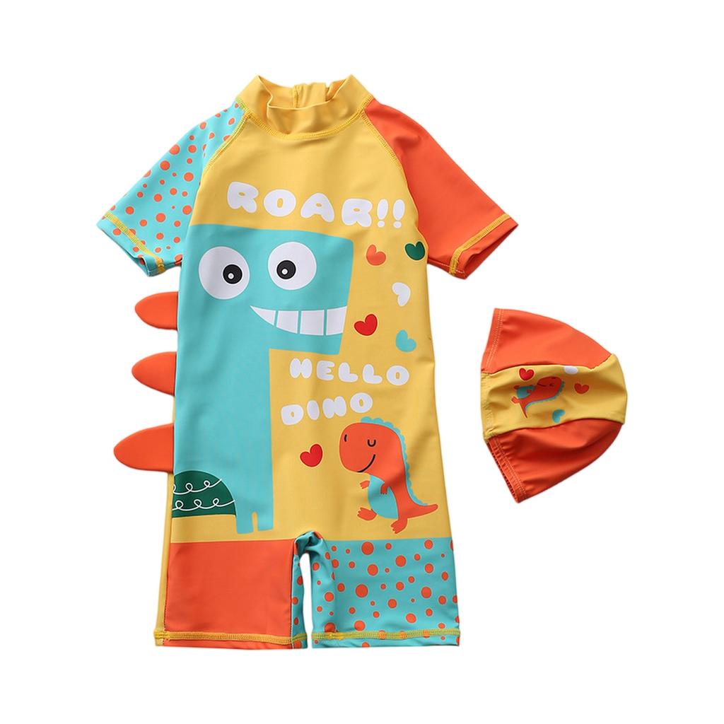 Boys Short Sleeve Hooded One-Piece Swimsuit Cartoon Dinosaur Print Beach Swimwear Summer Kids Swim Shirt with Matching Swim Cap