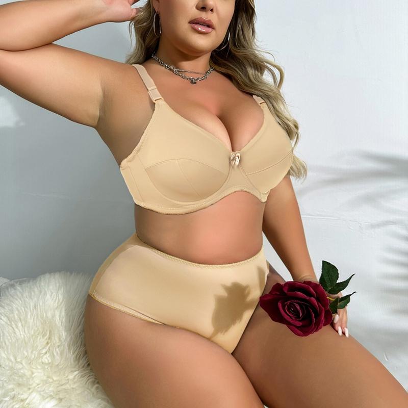 Women Plus Size Thin Lingerie Sets Bow with Wire Brassiere Comfortable Panties 36-48 C D E F Cup-398
