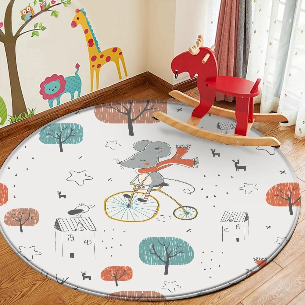 Children's Cartoon Comic Round Rug, Bedroom, Play Space, Flannel Animal Design Carpet, Infant Play Mat, Kids' Room Decor Mat