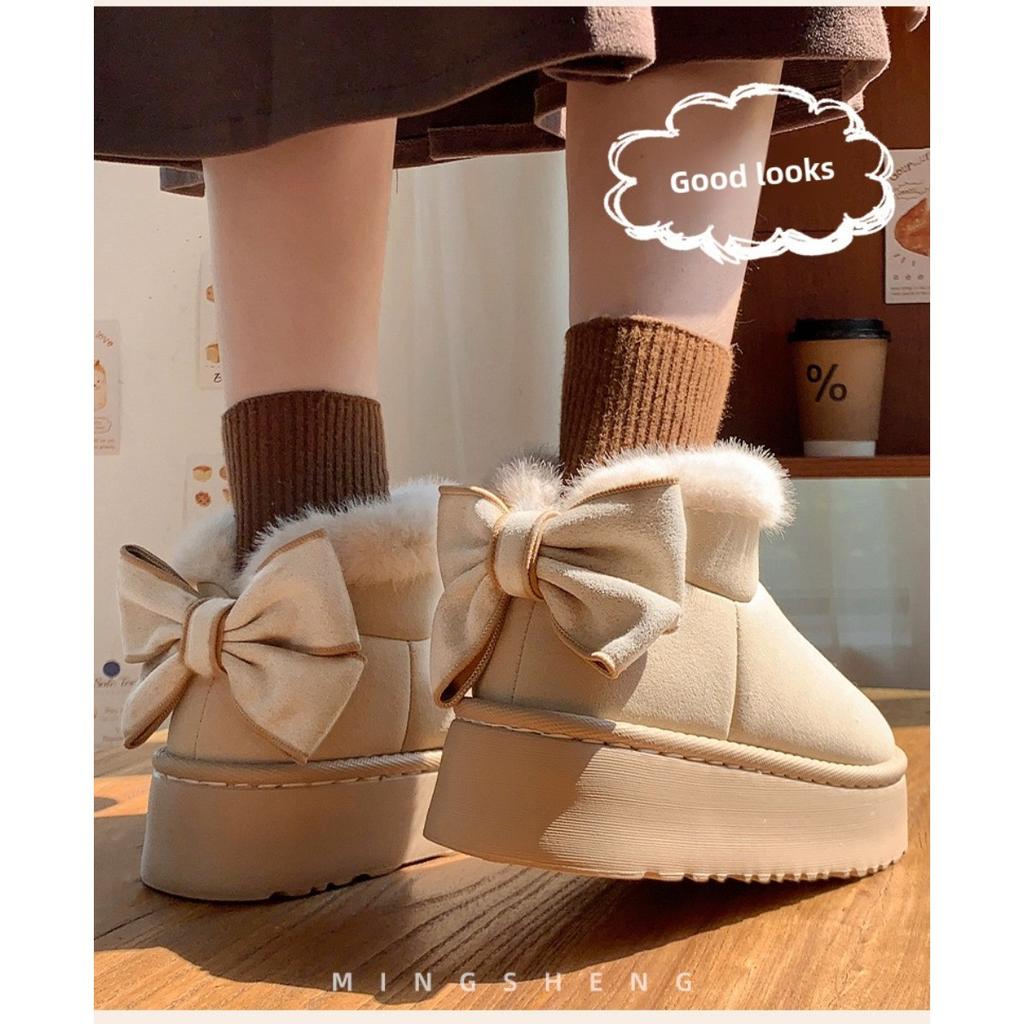 Hairy Mouth Bag and Butterfly Knot Cotton Shoes for Women In Winter, Thick Soled, Height Increasing, Versatile, and Plush Warm Snow Boots