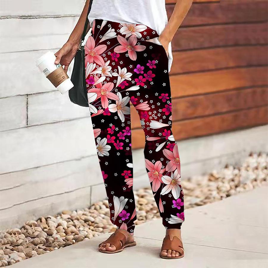 Dámské kalhoty s květinovým potiskem na šněrování s elastickým pasem volné kalhoty ležérní dlouhé kalhoty kalhoty s kapsami