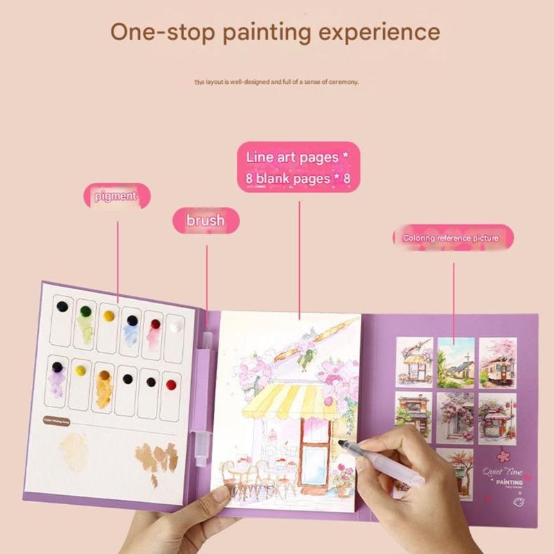 Beginner Friendly Watercolor Coloring Book Features Sketched Designs Blank Pages and Palette Perfect for Creativity