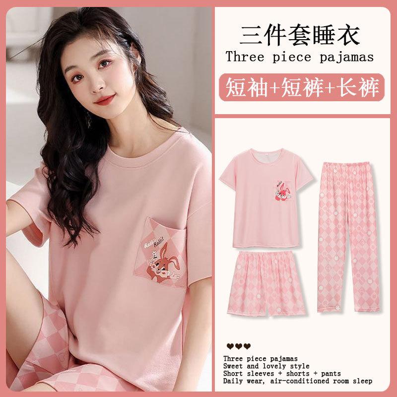 Summer Korean Sweet Pajamas Women's Crew Neck Short-sleeved Three-piece Comfortable Women's Loungewear Spot Straight Hair