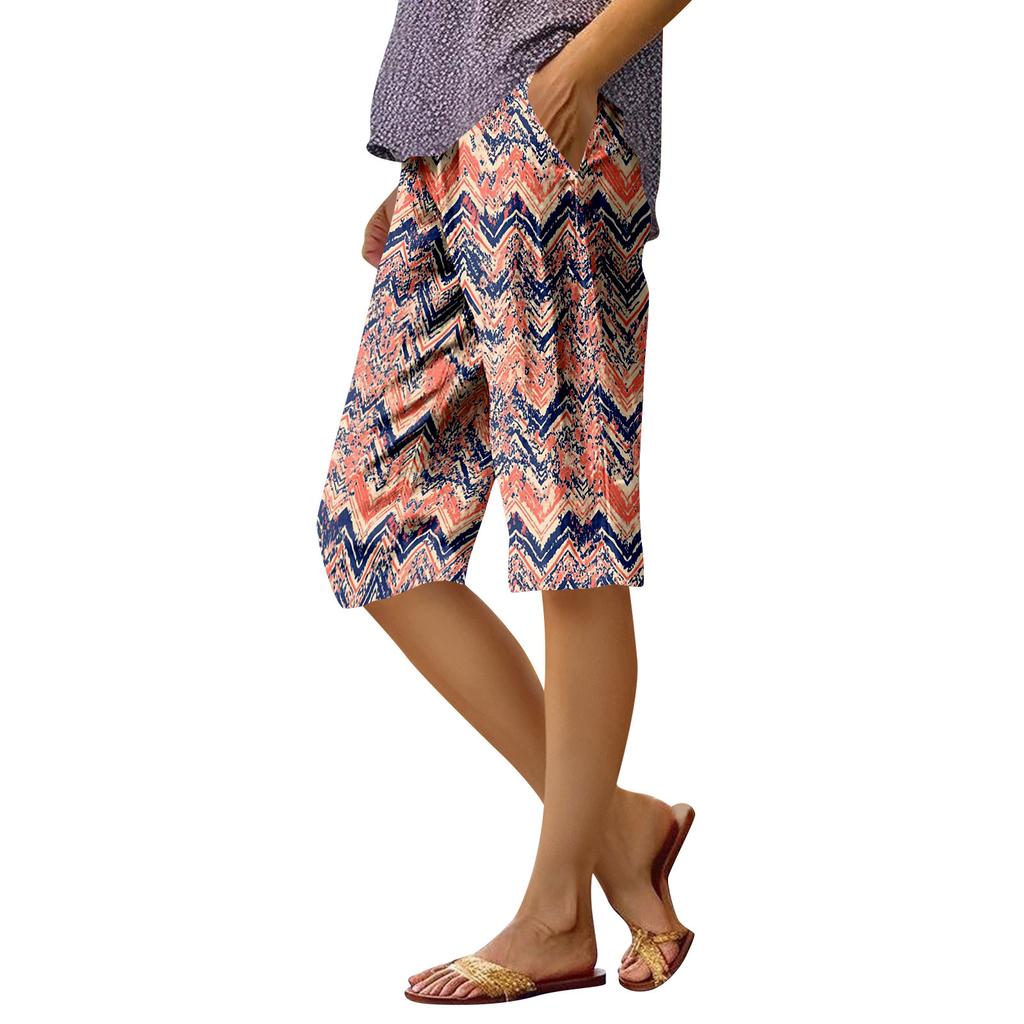 Women's Fashion Printed Pocket Elastic Waist Casual 5/10 Pants