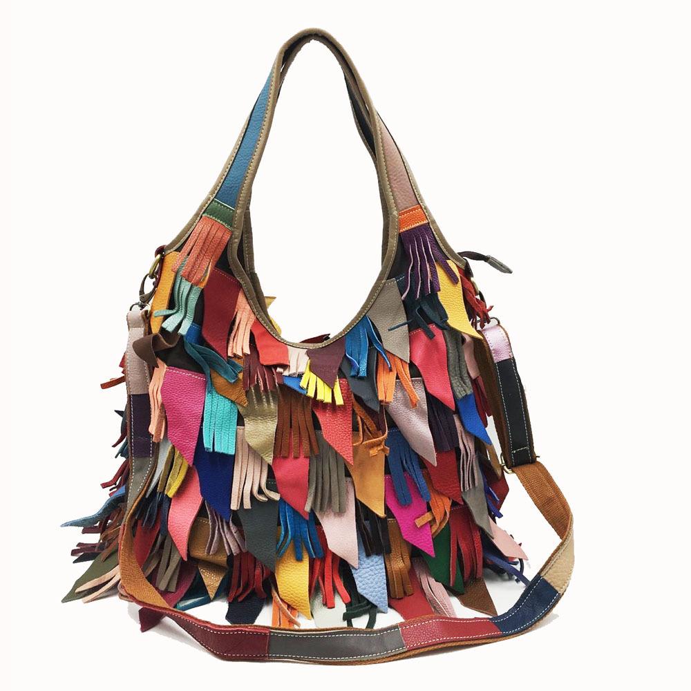 Women's European & American Genuine Leather Tassel Patchwork Tote Crossbody Bag - Colorful, Fashionable & Versatile