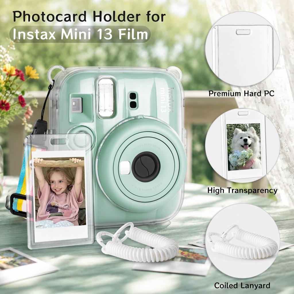 HIYQIN Instax Mini 13 Camera Protective Adjustable Shoulder Cute 2x3 Photo Card Hard PC Clear Case with Coiled Fuji Mini 13 Accessory Kit Transparent