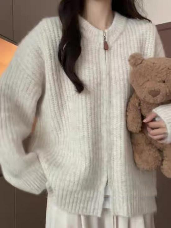 Petite Women's Korean Style Zip-Up Knit Sweater Coat - Autumn/Winter Loose Solid Color Cardigan