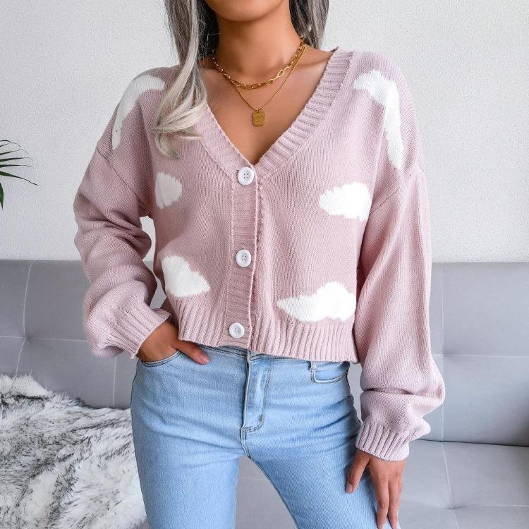Women Autumn Winter Knitted Cardigan Long Sleeve V Neck Printed Single Breasted Sweater S розовый