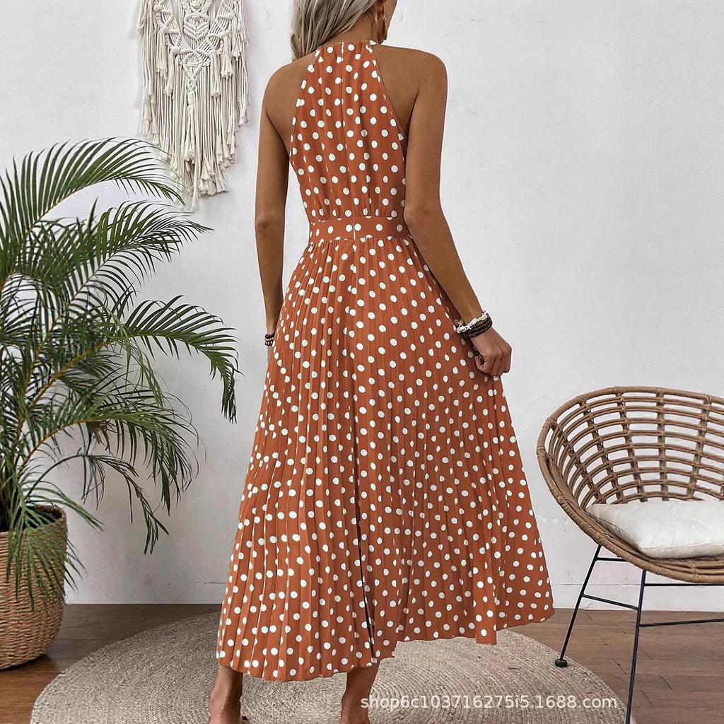 European and American Women's Clothing Spring and Summer Fashion Printing Polka Dot Round Neck Long Dress Women's Dress