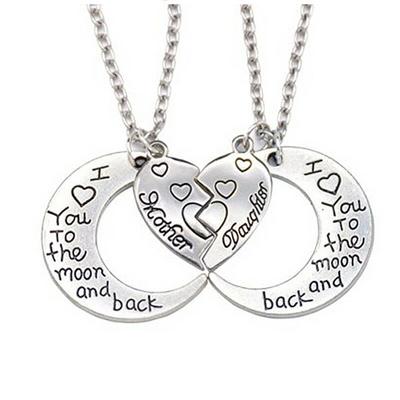 2Pcs I Love You To The Moon and Back Mother Daughter Heart Pendant Necklace Gift