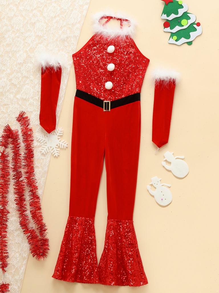 Girl Jazz Latin Cheerleading Dancewear Christmas Costume New Year Holiday Party Performance Suit Sequins Jumpsuit with Arm Sleeve