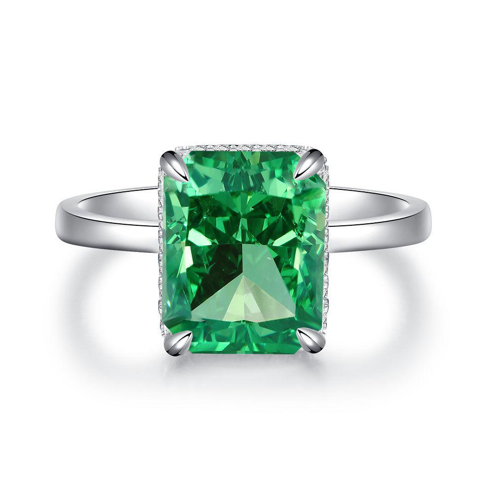 S925 Sterling Silver Wood Grain Ring, Emerald Cotton Floss Green Gem with Zircon and High Carbon Diamond Accents