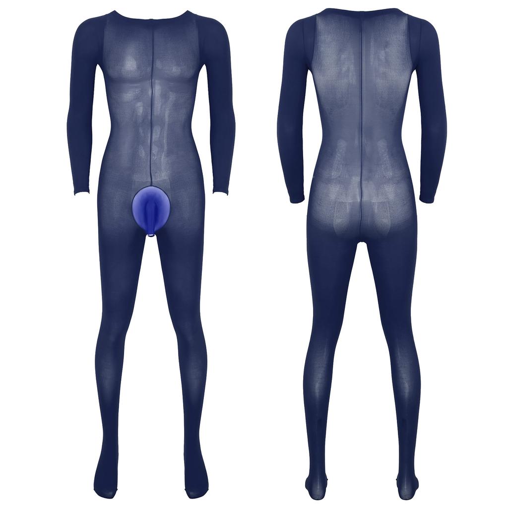 Mens Solid Color Bodystocking Long Sleeve Stretchy Bodysuit with Bulge Pouch Nightwear Underwear