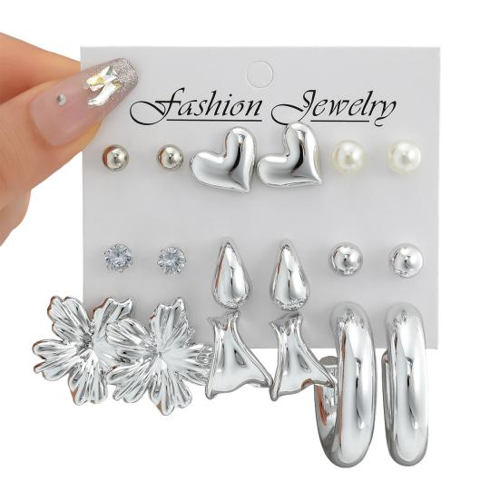 

9 Pairs Stud Earrings Bright Silver Mirror Polished Hearts Snowflake Cubic Zirconia Faux Pearls Geometry Design Ear Studs