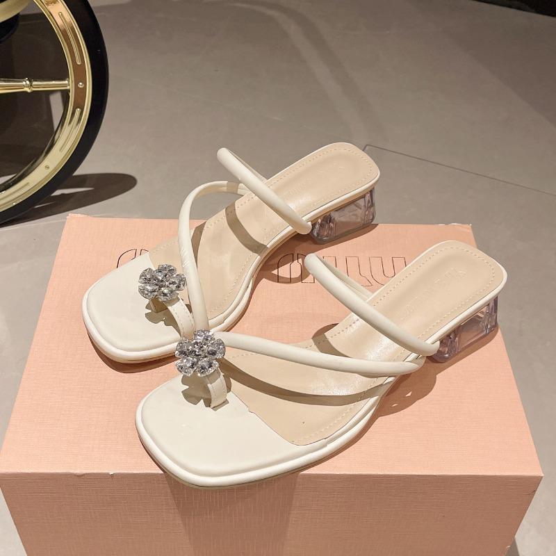 

Набор тапочек с открытым носком, весенние новые босоножки на среднем каблуке, украшенные цветком и стразами, на толстом каблуке, тапочки большого размера для женщин 41