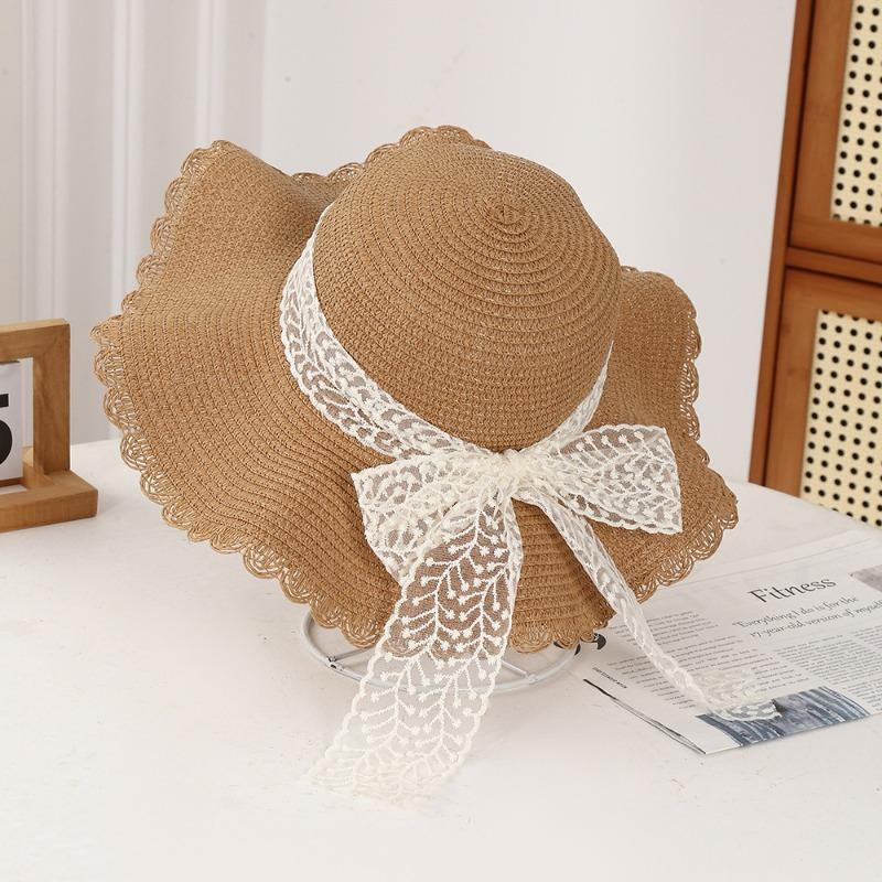 Summer Bow Sun Hat Female, Seaside Beach Vacation Sun Hat Outdoor Big Brim Sun Hat Sweet Straw Hat