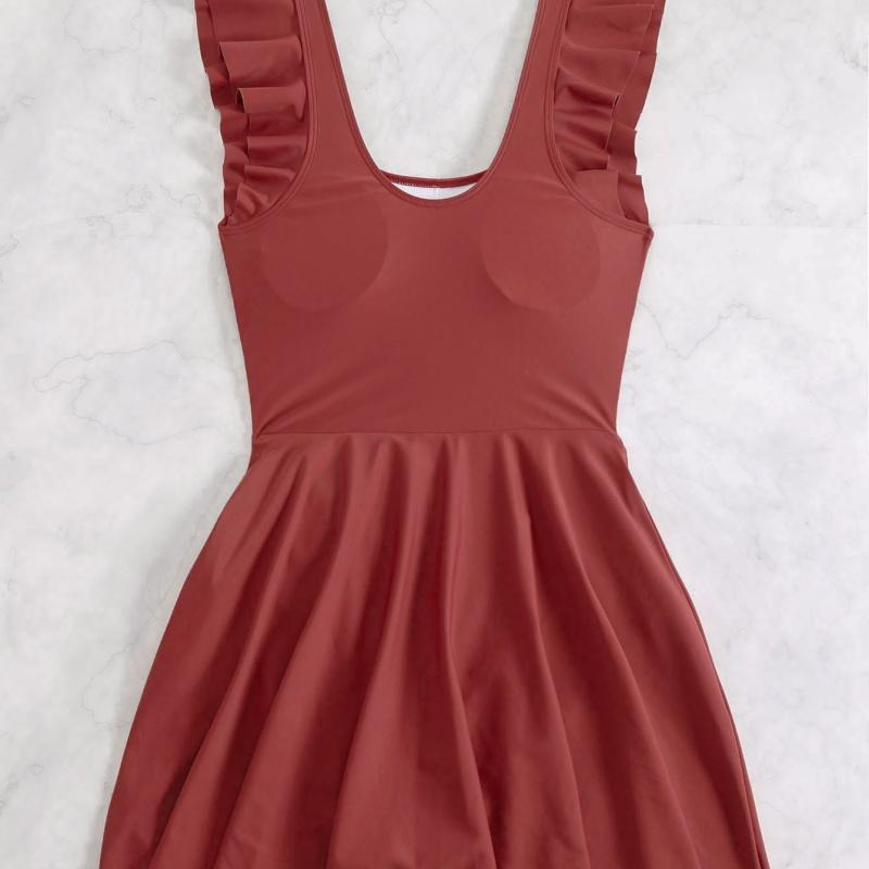 2025 Ruffle Sleeve One Piece U Neck Swimsuit Women Solid Beach Dress Swimwear Female Bathers Swimming Bathing Bodysuit Summer