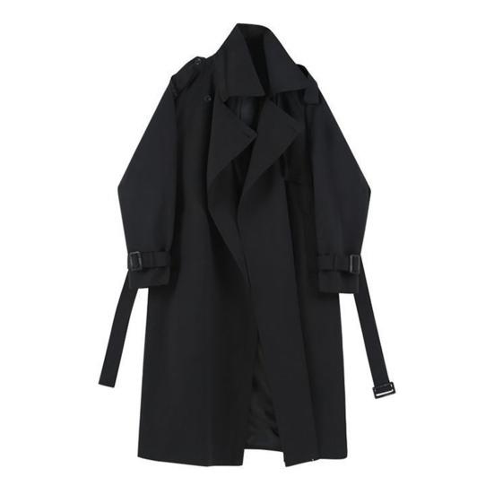Women Windbreaker Turn-down Collar Loose Pure Color Coat Long Sleeves Belt