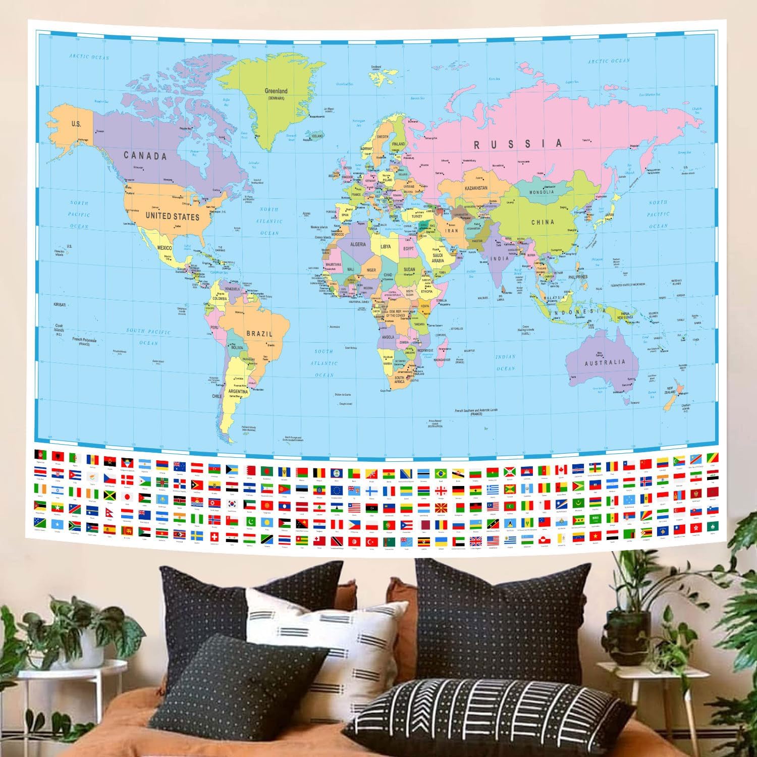 Tapestry of the world map on the wall 75x100