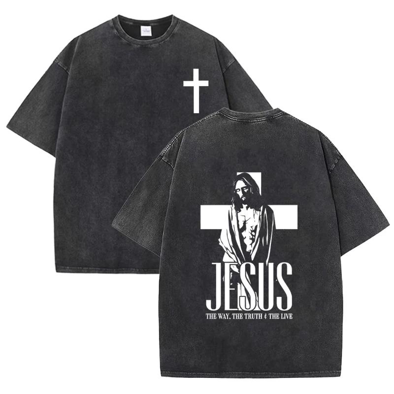 Retro Acid Wash Oversized T-Shirt Front Small Cross Back Jesus Figure Inspirational Text Casual Tops Asian Size
