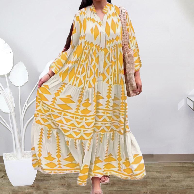 Abito lungo con stampa boho per donna, scollo a V alto, manica lunga, abbottonato, abito lungo patchwork, casual, alla moda, traspirante, leggero, comodo, plus size