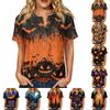 Women's Short Sleeve Henley Button Neck Shirt with Chest Pocket Halloween Pumpkin Print Cotton Linen Fabric Casual Fit