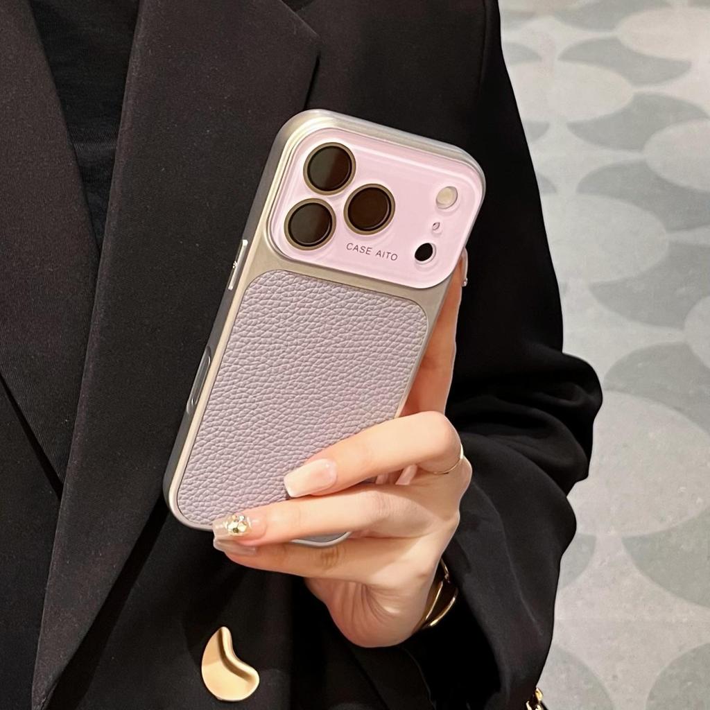 Crystal Large Window Lychee Leather Pattern for iPhone17Pro Mobile Phone Case 16 Apple 15Max All-inclusive Protective Case