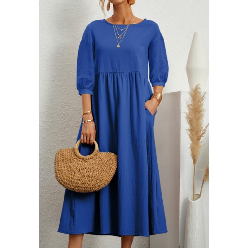 A Women's Fashionable Lantern-sleeved Loose Pocket Dress