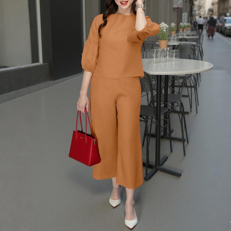 

ZANZEA Женские повседневные комплекты из блузки и брюк с рукавом 3/4 из двух предметов 5XL оранжевый