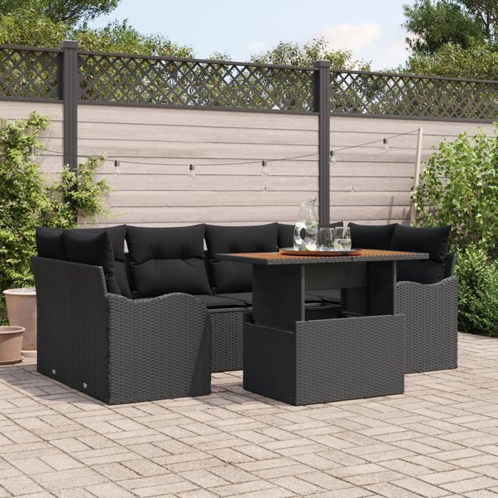 Ensemble de Canapés de Jardin de 7 Pièces avec Coussins Noir Poly Rattan, Canapé de Jardin 2 Places avec Rangement 3358151