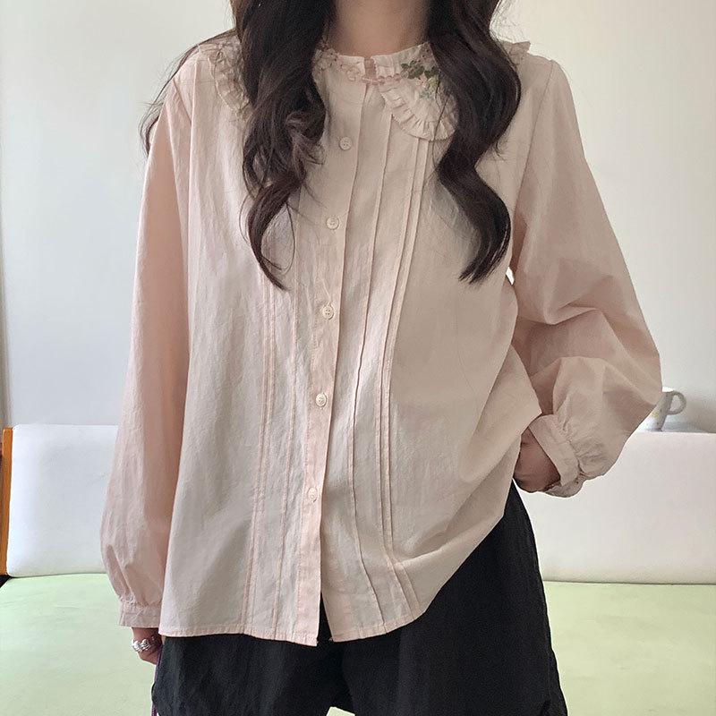 Thirteen Lines Spring Lapel Embroidered Korean Style Cardigan Shirt One Size розовый