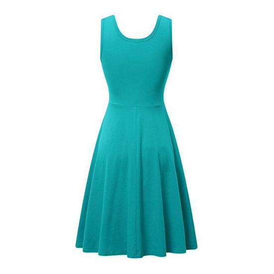 Frauen Kleid V-Ausschnitt ärmellos A-Linie locker Saum große Schaukel reine Farbe hohe Taille OL