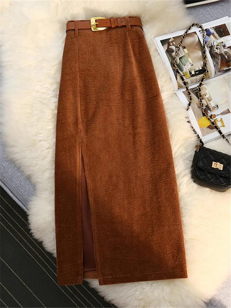 Autumn Winter Corduroy Women's Skirts with Belted High Waist Straight Classic Front Split Skirts Ladies Female